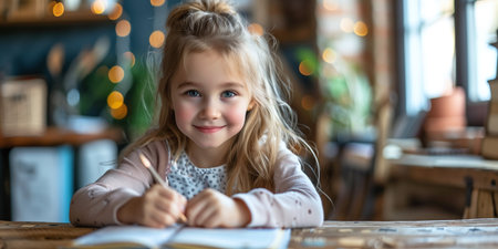 Adorable Schoolgirl: Pretty Caucasian Girl Engaged in Artistic Activities at Homeの素材