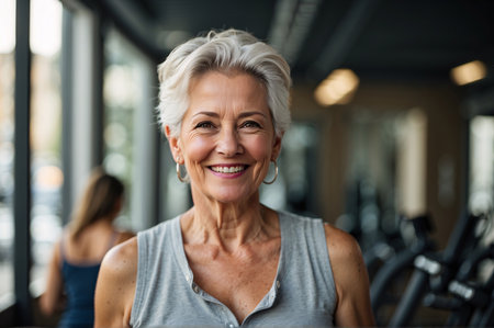 Timeless Wellness: Smiling Elderly Lady Embodies Health in Outdoor Jogging Sessionの素材