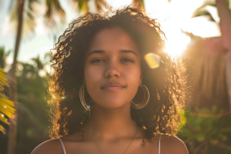 Portrait of a Happy African-American Woman Embracing Nature's Beautyの素材