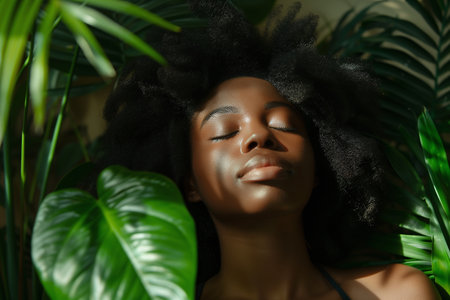 Natural Beauty Retreat: African-American Woman Enjoys Sensual Spa Treatment in Natureの素材