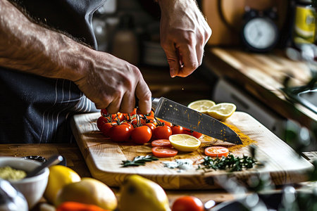 Chef at Home: Skilled Hands Prepare a Fresh and Healthy Salad with Vibrant Ingredientsの素材