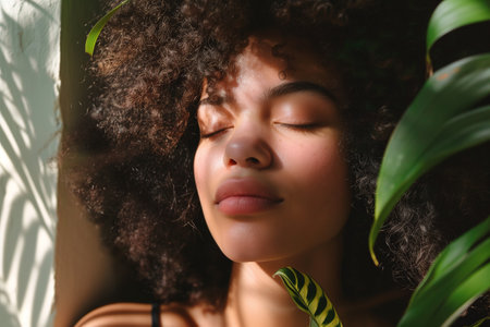Portrait of a Stylish African American Woman Amidst Fresh Green Leaves in Summerの素材