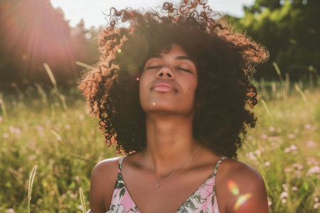 Joyful Diversity: Positive Mixed-Race Woman Embraces Carefree Moments in a City Parkの素材