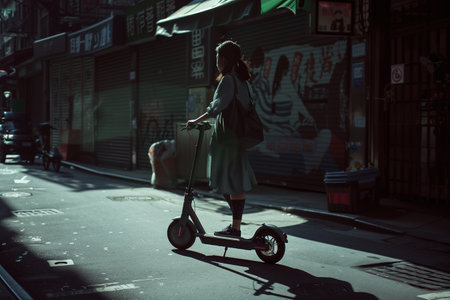 Eco-Friendly Commute: Trendy Lady Embracing Modern Transportation with an Electric Scooterの素材