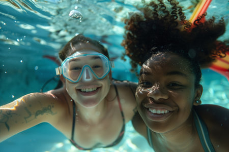 Active Lifestyle: Joyful Swimmers Share Laughter and Fitness in a Beautiful Underwater Selfieの素材