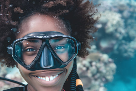 Underwater Explorer: Scuba Diver's Portrait in the Beautiful Turquoise Depths of the Oceanの素材