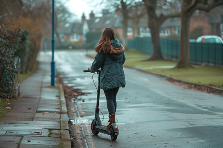 Sustainable Transportation: Young Adult Female Cruising the City Streets on an Electric Scooter with Modern Styleの素材