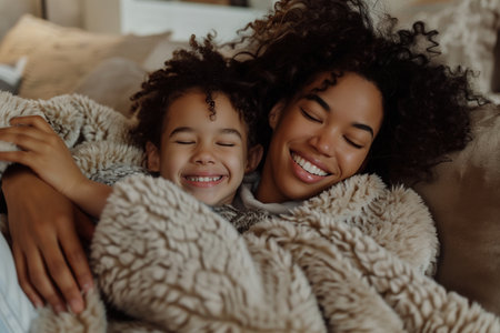 A smiling woman and child cuddled in a cozy blanket, sharing a happy moment.の素材