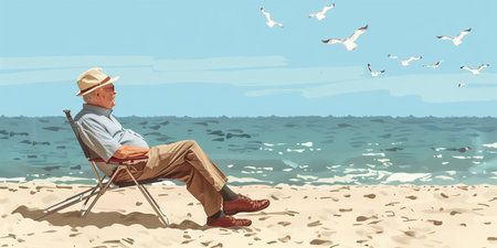 Elderly gentleman enjoys tranquil beach, seated on a chair, gazing at soaring gullsの素材