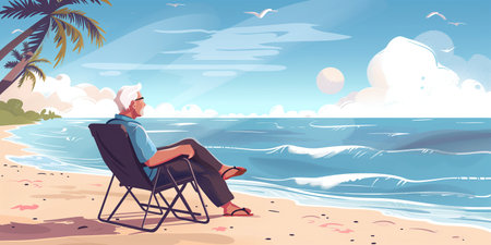 Elderly man in casual attire sitting on a folding chair by the sea, enjoying a serene beach view.の素材