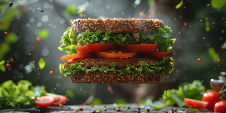 Artistic mid-air shot of a sandwich with fresh greens and tomato on a multigrain bunの素材