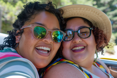 Joyful friends with sunglasses enjoying a sunny road trip, heads thrown back in laughter.の素材