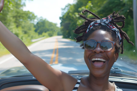 Exuberant African American woman with dreadlocks enjoying a sunny car ride, laughter caught in a candid moment.の素材