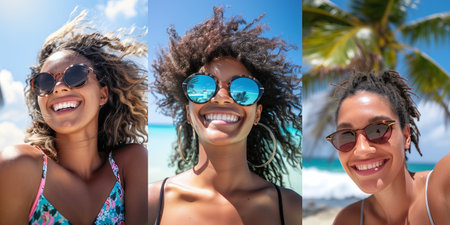 Three happy women sporting stylish sunglasses share a laugh under the tropical sun with palm trees in the backgroundの素材