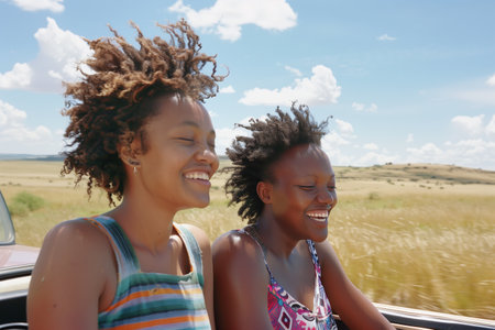 Two women laughing together while enjoying a sunny road trip through a scenic landscapeの素材