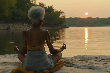 The serene back view of an individual practicing yoga at dawn, with the sun rising over a calm riverの素材