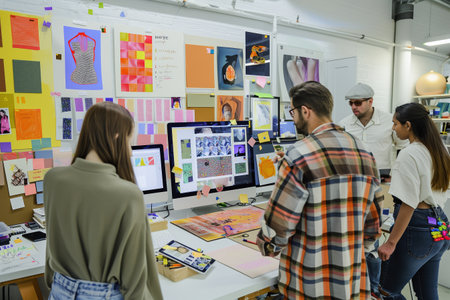 A group of designers is actively engaged in discussion and brainstorming around a mood board in their bright studio spaceの素材