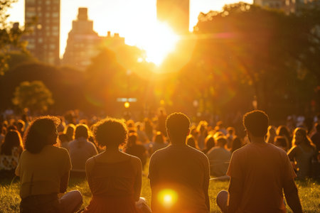 Audience members sitting on the grass enjoy a serene concert as the sun sets behind the stage, casting a warm glow over the sceneの素材