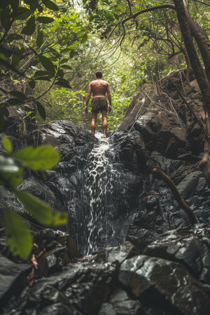 A man stands atop a waterfall, surrounded by the dense foliage of a tropical jungleの素材