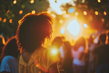 Backlit profile of a curly-haired woman enjoying an outdoor music event as the sun sets, creating a warm ambianceの素材
