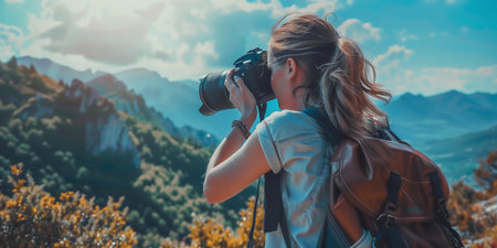 A photographer with his camera focuses on the breathtaking mountain sceneryの素材