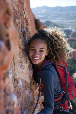 A smiling young woman climbing rock, with scenic mountainous backdropの素材