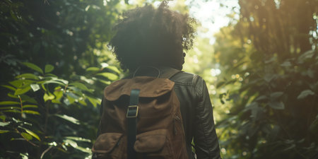 Back view of a person with curly hair, exploring a lush forest, illuminated by a soft, natural lightの素材