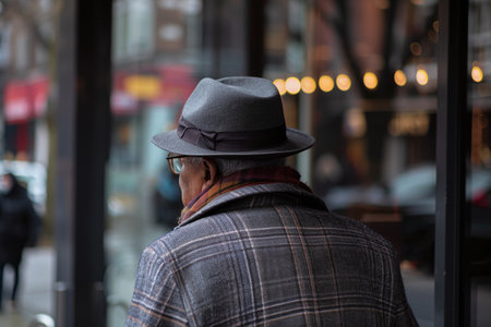 An elegantly dressed elderly man gazes onto a bustling city street, evoking a sense of urban life and contemplationの素材