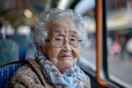 A senior woman with glasses sitting on a bus, looking contemplativeの素材