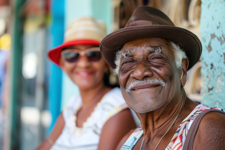 Close-up of a smiling elderly man in a hat with a woman in the background, enjoying the city vibeの素材