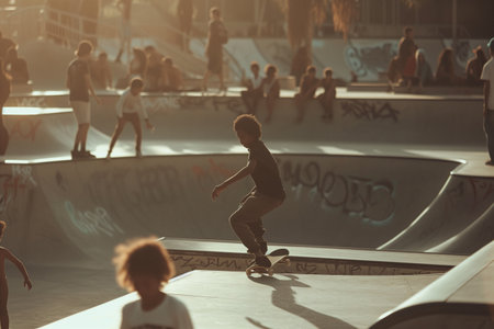 A young skater performs a trick in a sun-drenched skatepark, capturing the essence of youth and freedomの素材