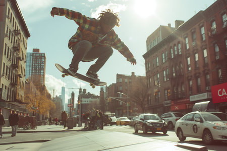 A skateboarder captured in mid-ollie trick on a vibrant city street, with sun flareの素材