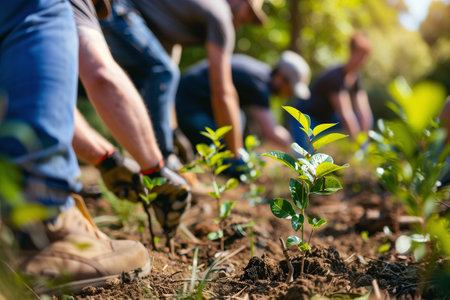A group of volunteers actively participates in a community tree planting event, demonstrating commitment to environmental conservationの素材