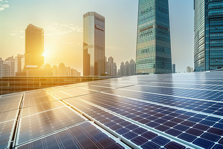 Sunlight gleams off photovoltaic panels on a high-rise, symbolizing a sustainable future in the bustling cityの素材