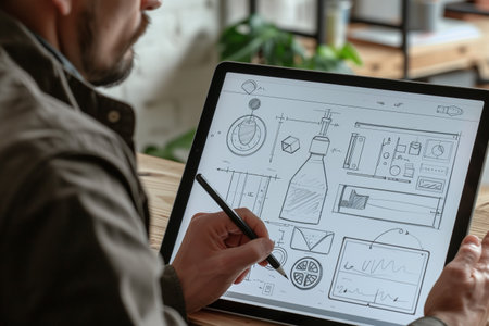 Close-up of a designer's hands as he draws detailed product sketches on a digital tablet in a bright officeの素材