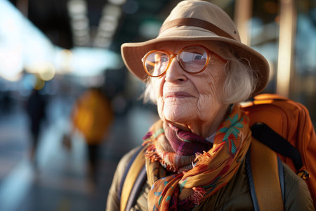 A poised elderly woman adorned with a colorful scarf and classic hat carries a sense of style and experience as she gazes forwardの素材