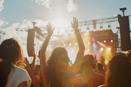 A captivating view of an ecstatic crowd with hands up, silhouetted against the radiant backdrop of a festival sunsetの素材