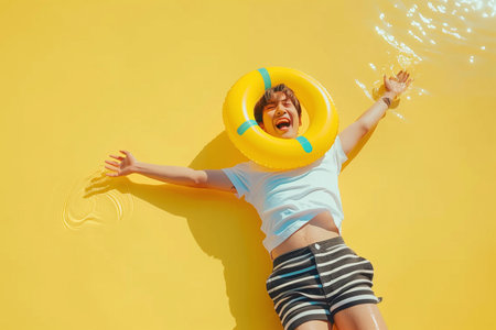 Playful moment captured of a jovial young person with a yellow swim ring, splashing in water, set against a sunny yellow backgroundの素材
