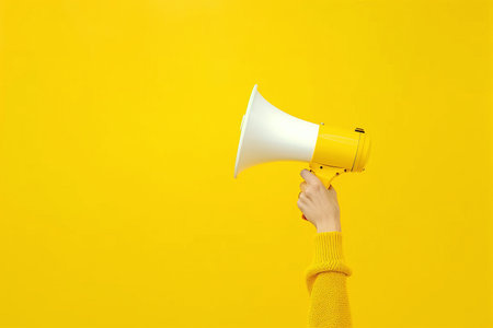 A vibrant yellow backdrop emphasizes a hand gripping a white megaphone, creating a minimalist yet powerful visual statementの素材