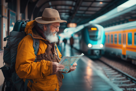 An elderly man with a white beard, wearing a hat and a yellow jacket, examines a map at a train platform with a train in the backgroundの素材