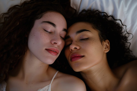 Two women sharing a tender moment, lying close with eyes closed in a peaceful slumber, highlighted by the intimacy of their proximityの素材