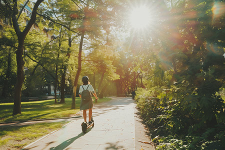 An individual commutes through a lush urban park on an electric scooter, surrounded by vibrant greenery and the warm glow of the morning sunの素材