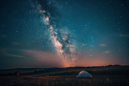 A single tent is set against a magnificent night sky bursting with stars and the Milky Way in a serene fieldの素材