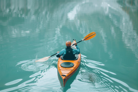 A kayaker paddles peacefully on the glassy waters of a serene lake, surrounded by tranquilityの素材