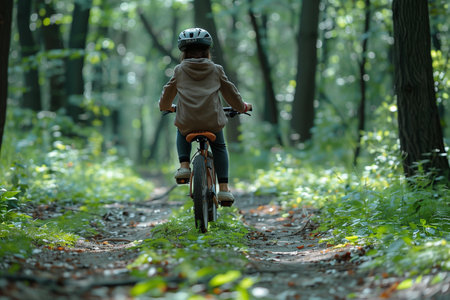 Young child in a helmet cycling on a dirt path through a lush green forest, enjoying a day in natureの素材