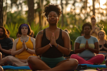 A focused group of diverse individuals practice yoga together in a peaceful outdoor setting, united in mindfulness during a tranquil sunsetの素材