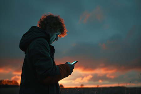 A lone man thickened in his smartphone stands against a dramatic sunset skyの素材