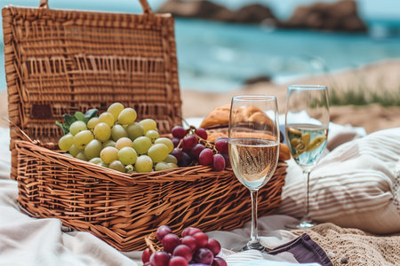 Close-up of a beach picnic setup with a wicker basket full of grapes, glasses of sparkling wine, and a serene ocean backdropの素材