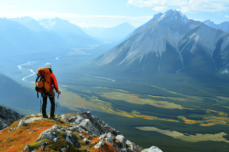 A hiker in bright orange stands atop a rugged peak, overlooking a sweeping valley and river flanked by towering mountainsの素材