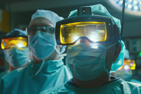 A medical professional in sterile scrubs uses AR goggles to view vital data during surgeryの素材